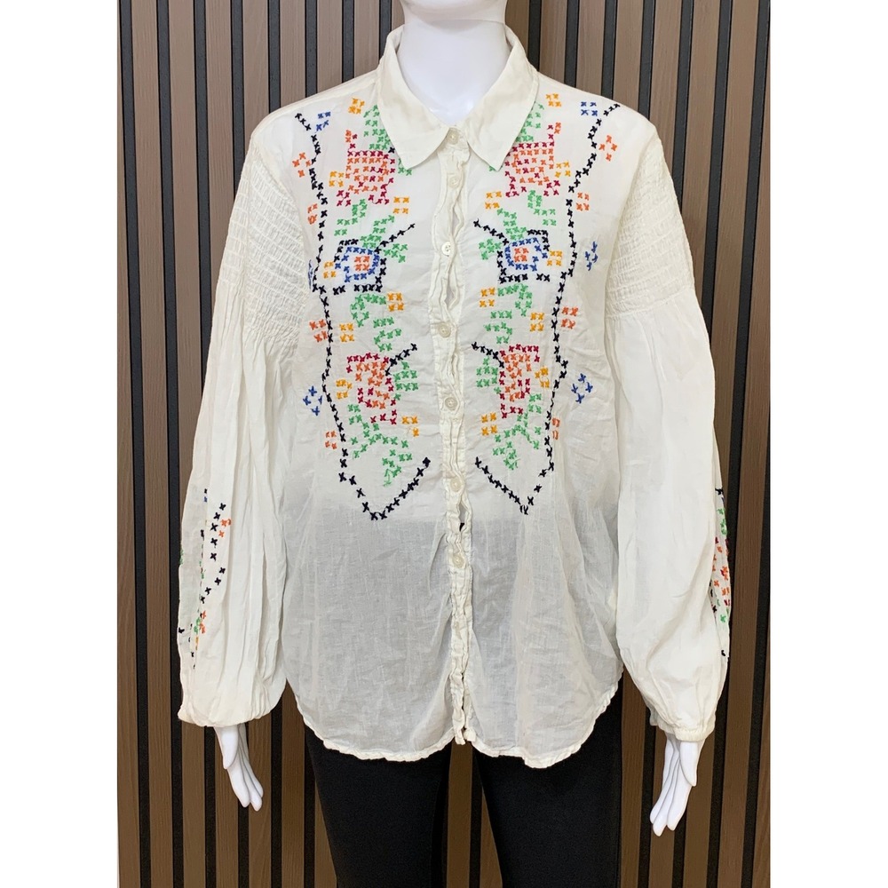 Anthropologie Embroidered Cotton Voile Blouse White XL Smocked Balloon Sleeve